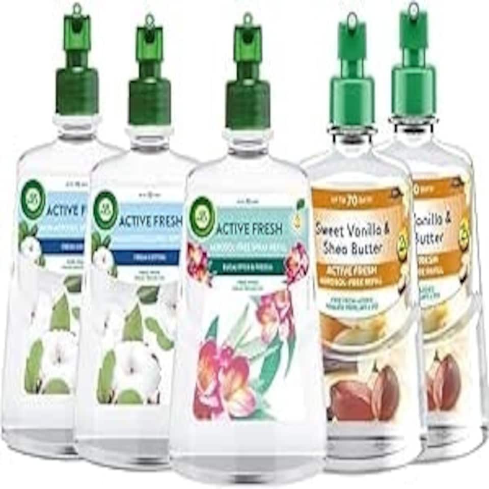 image 1 of Air Wick Aerosol-Free Automatic Air Freshener, Active Fresh Odour Neutraliser (5 Refills, Vanilla & Shea Butter x2, Fresh Cotton x2 & Eucalyptus & Freesia x1)