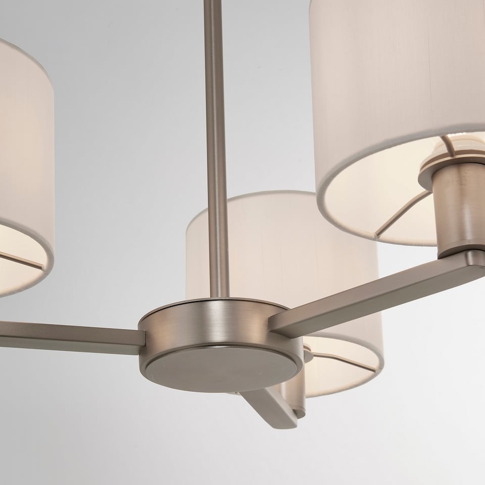 image 1 of Daley 3 Light Multi Arm Ceiling Pendant Matt Nickel, Triple Shade Vintage White Silk Effect, E14