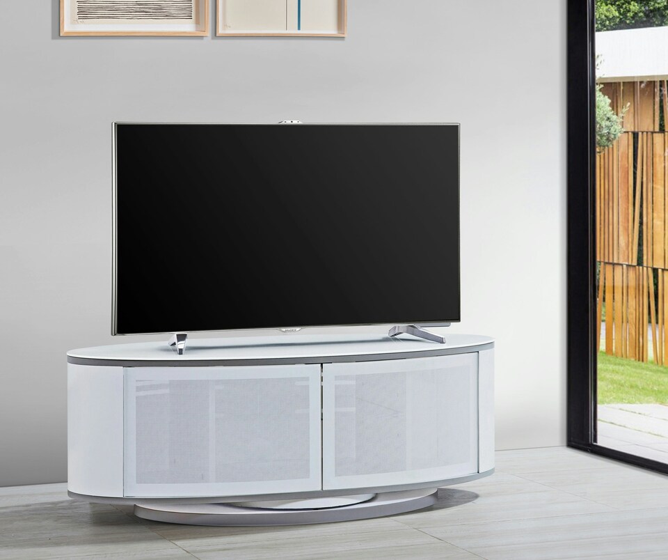 image 1 of MDA Designs LUNA Gloss White Oval Cabinet with White Profiles White BeamThru Glass Doors Suitable for Flat Screen TVs up to 50" | Multi | 1