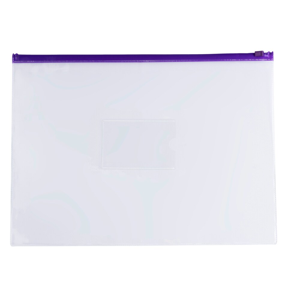 image 1 of Pack of 12 A4+ Foolscap Clear Zippy Bags with Purple Zip