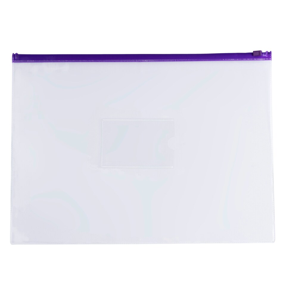 Pack of 12 A4+ Foolscap Clear Zippy Bags with Purple Zip - Tesco Groceries