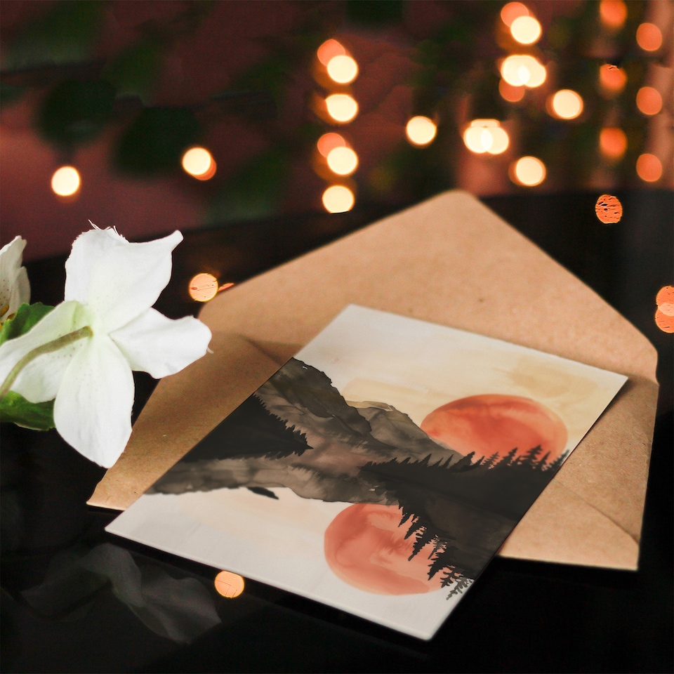 image 1 of Greeting Card Red Sun Setting Behind Lakeside Forest Mountains