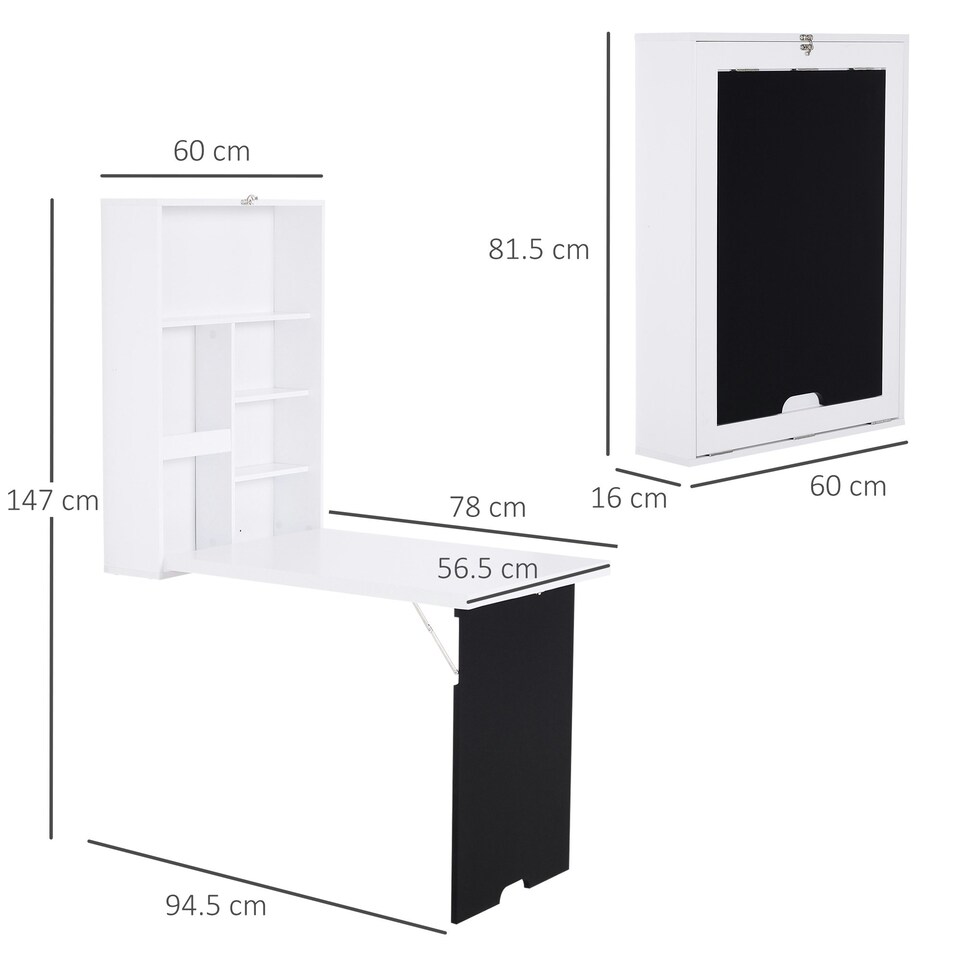 image 1 of HOMCOM Multi-Functional Folding Wall-Mounted Table withChalkboard Shelf