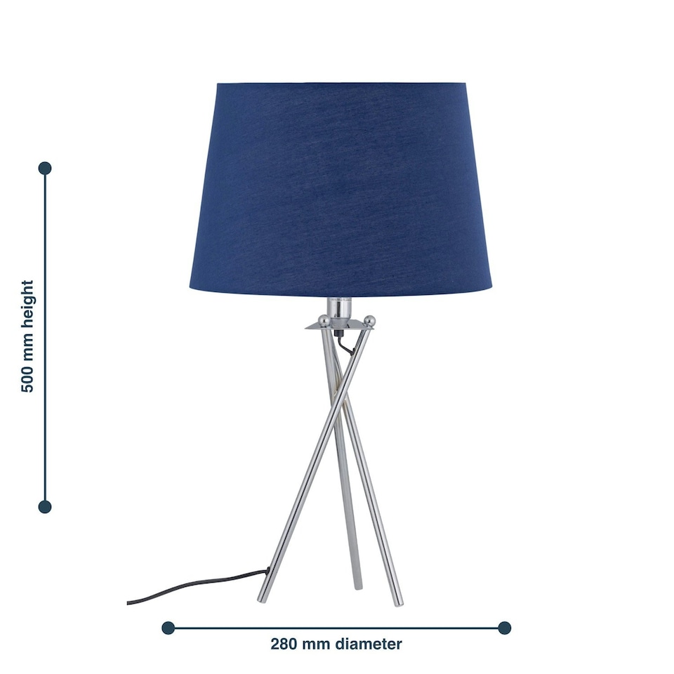 image 1 of First Choice Lighting Set of 2 Tripod Table Lamps with Navy Cotton Fabric Shades Chrome | Blue