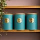 image 3 of Cooks Professional 5 Piece Ribbed Tea, Coffee, Sugar, Biscuit & Bread Cannisters with Bamboo Lids | Stainless Steel Kitchen Storage Bins | Teal & Gold