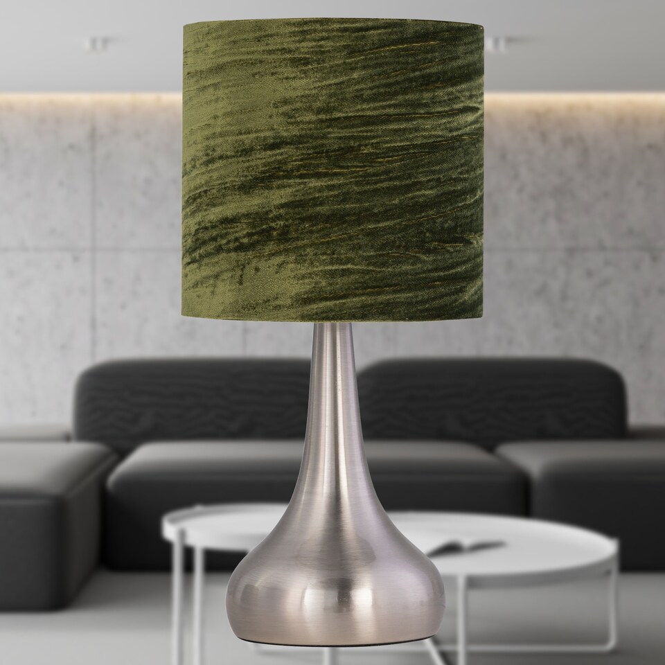 image 1 of Set of 2 Romana - Brushed Chrome Touch Table Lamps Green Velvet Shades | Chrome | Satin nickel plate and dark green velvet | 2