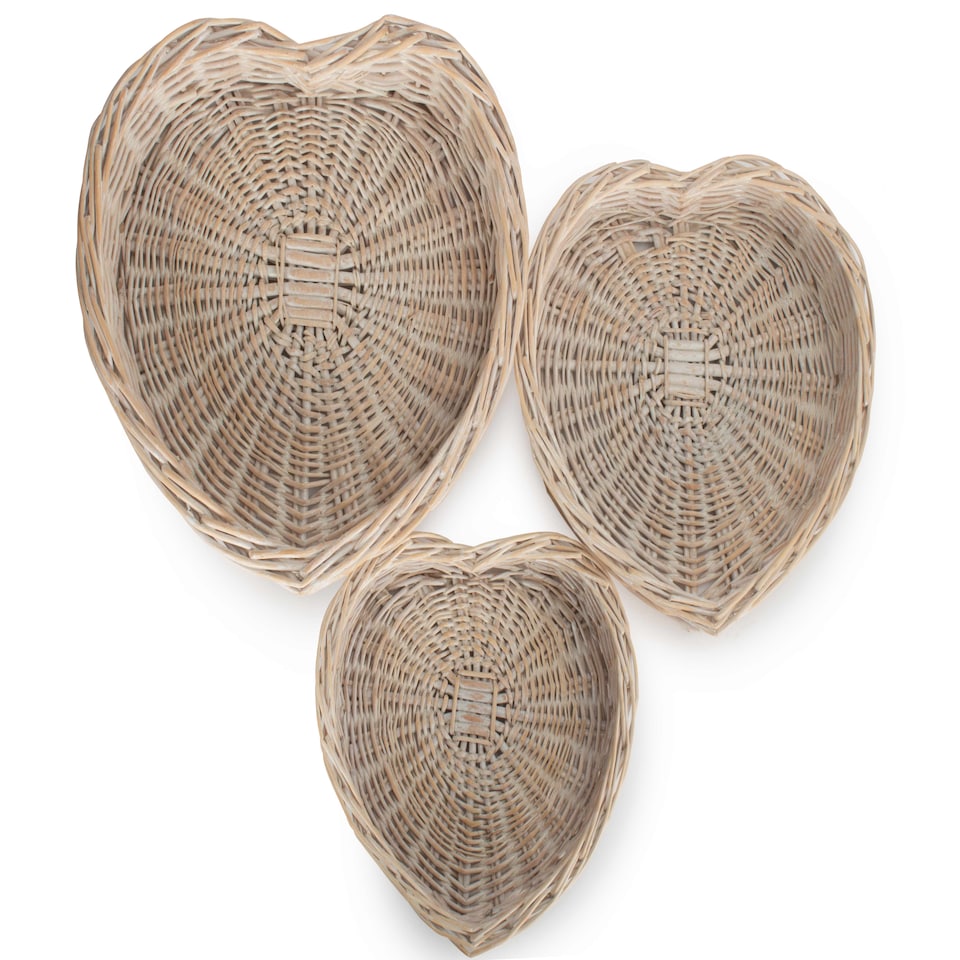 image 1 of White Wash Heart Shaped Wicker Tray Set 3 | White | White | Set of 3