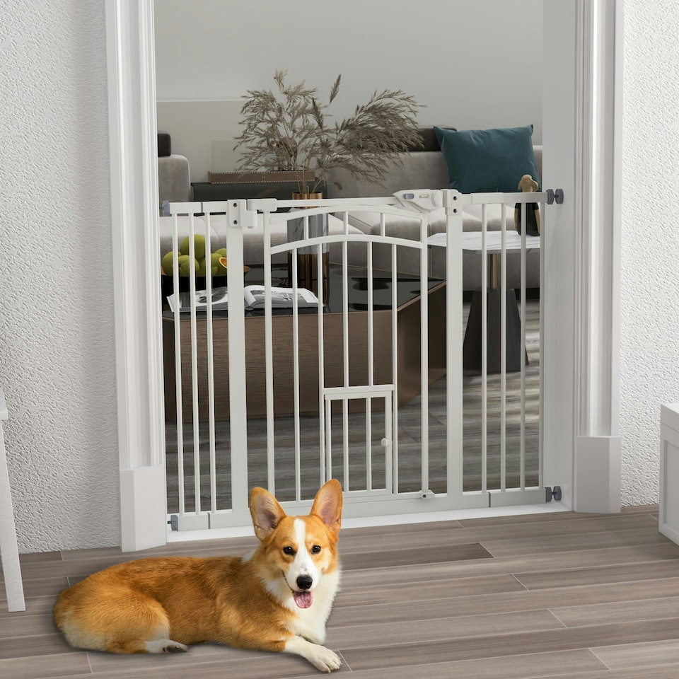 image 1 of PawHut Pressure Fit Safety Gate, Dog Gate w/ Small Cat Door, 74-100cm Openings