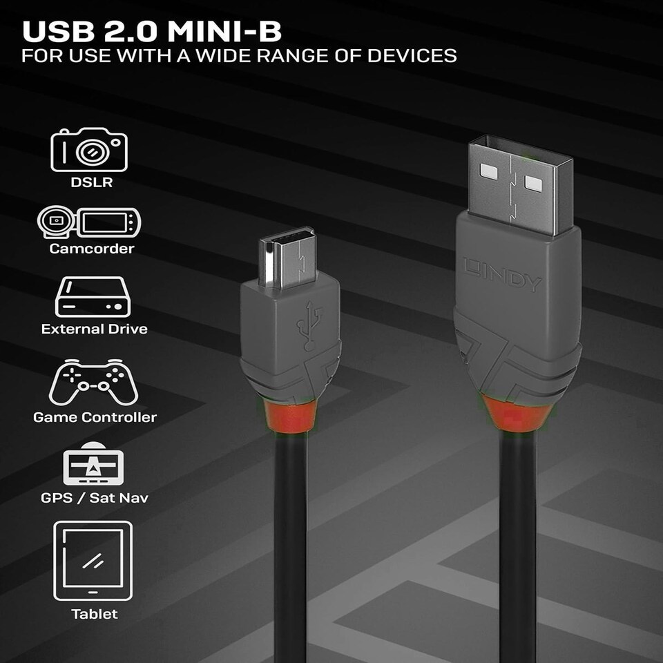 image 1 of 0.2m USB 2.0 Type A to Mini-B Cable, Anthra Line