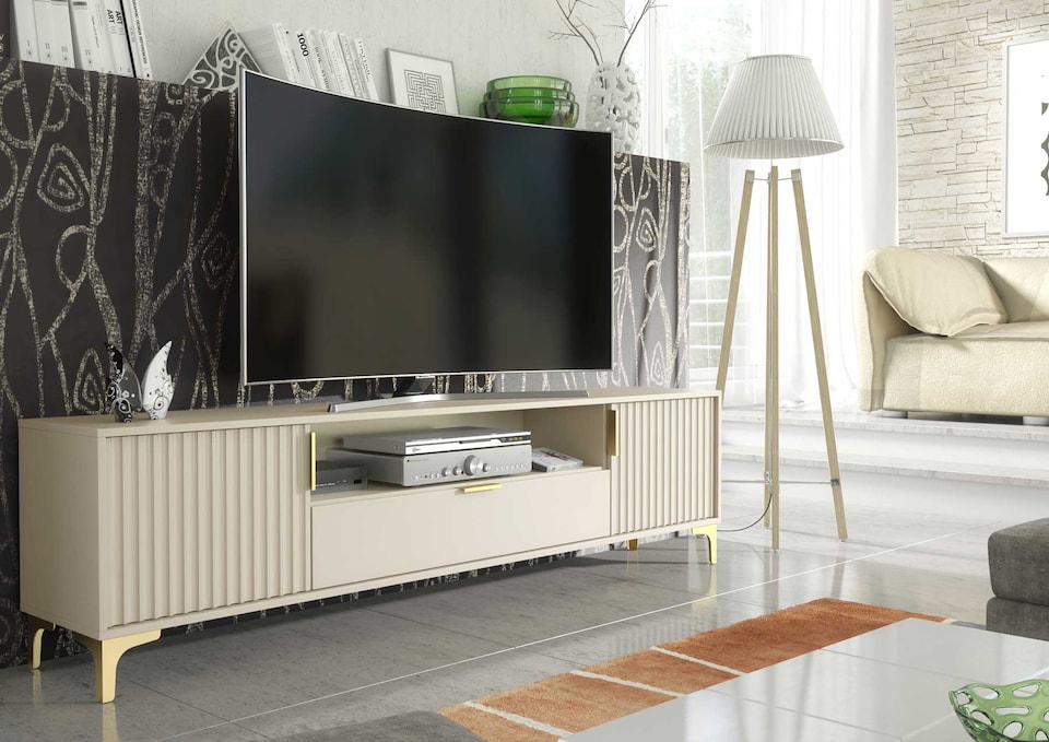 image 1 of TV Stand TV Unit Cabinet Sideboard Media Cabinet Cashmere Fluted Gold Legs 200cm