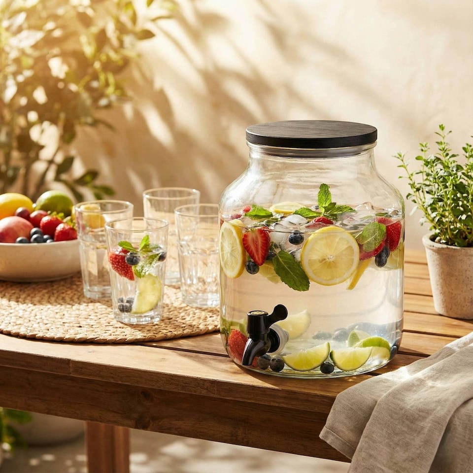 image 1 of 5.2L Glass Beverage Dispenser with Tap & Wooden Lid