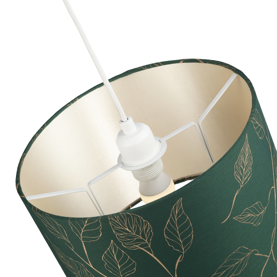 image 1 of Modern Forest Green Cotton Fabric Drum Lamp Shade with Gold Foil Floral Design | Green