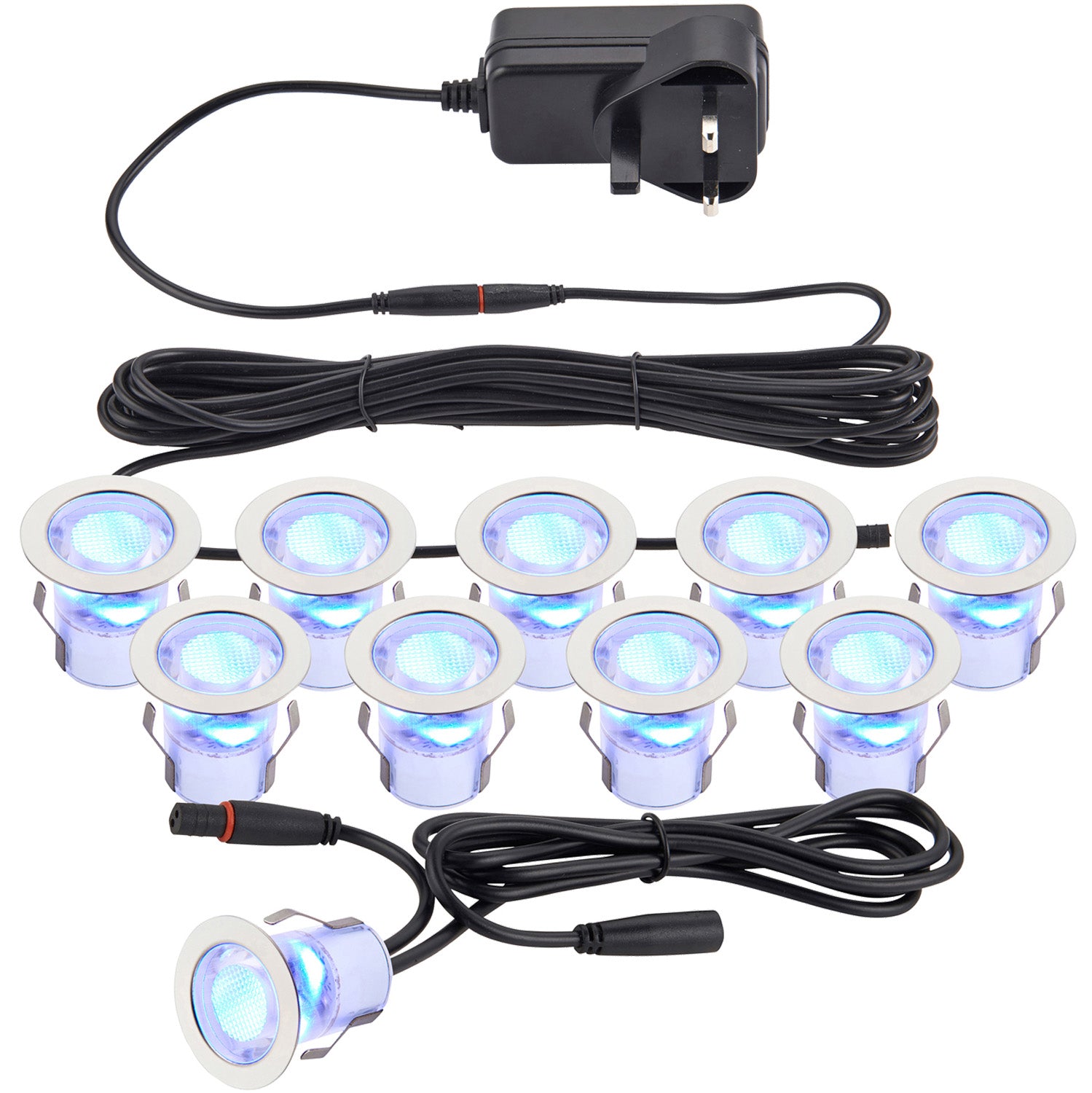 Loops Recessed IP44 Decking Guide Light Kit - 10 x Blue Light LED - Stainless Steel in Metallics