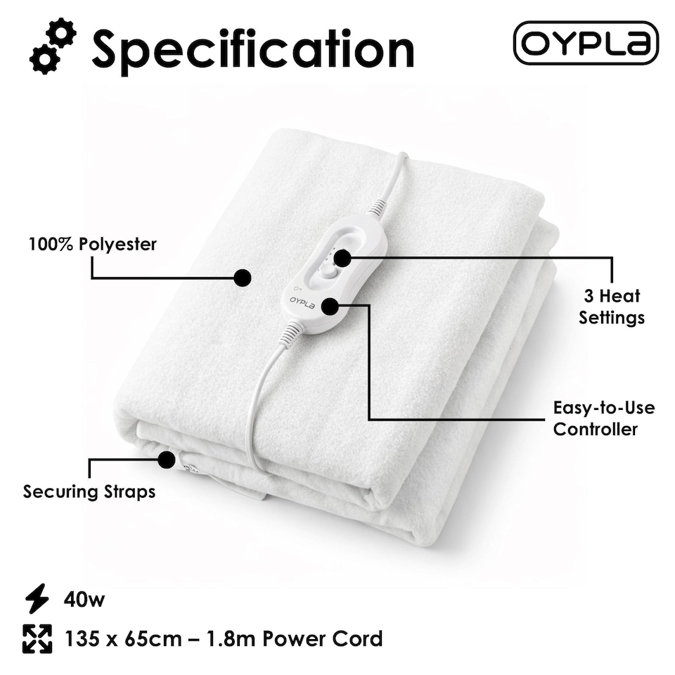 image 1 of Machine Washable Single Electric Blanket Heated Underblanket 3 Heat Settings | White