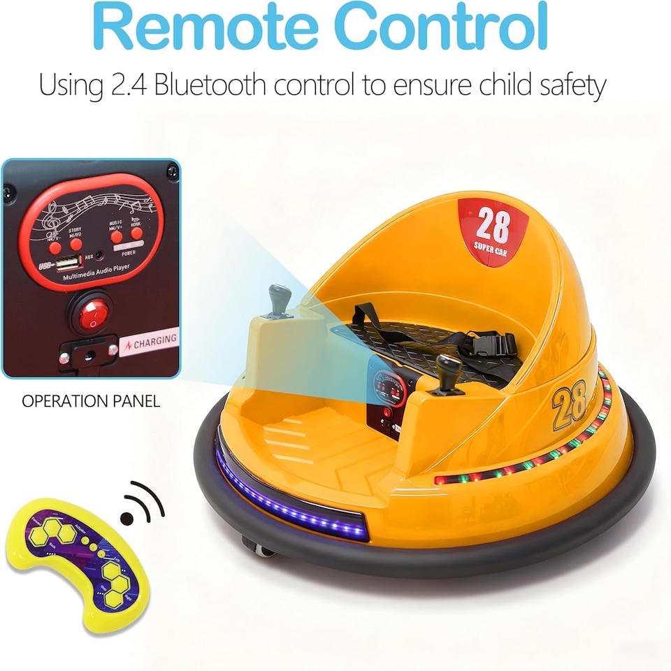 image 1 of Alivio Remote Control Bumper Car for Kids, 360° Spin with Lights, Music & Safety Belt (Yellow)