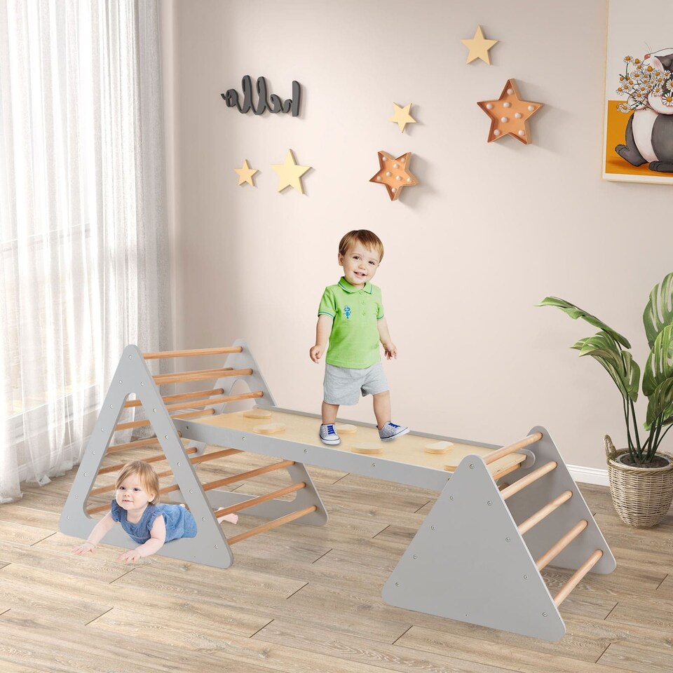 image 1 of COSTWAY 3 in 1 Toddler Climbing Toy Set Wooden Climber Log Bridge Activity Center-Grey