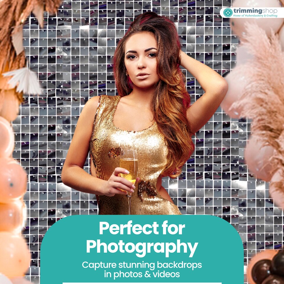 image 1 of 30cm x 30cm Shimmer Sequin Wall Panels, Reflective Square Backdrop Panel