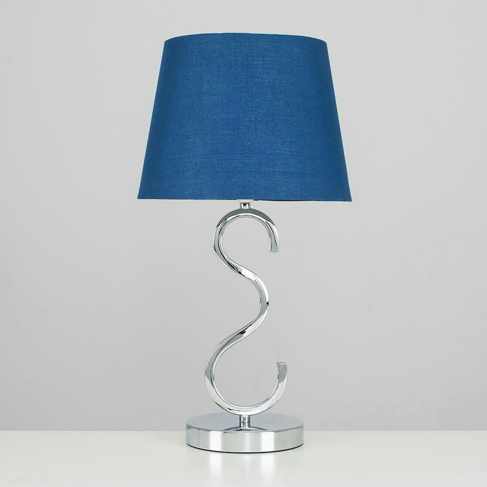 image 1 of ValueLights Cabonna Dimmable Polished Silver Table Lamp with Small Blue Tapered Shade and E14 Candle LED 5W Warm White 3000K Bulb Blue