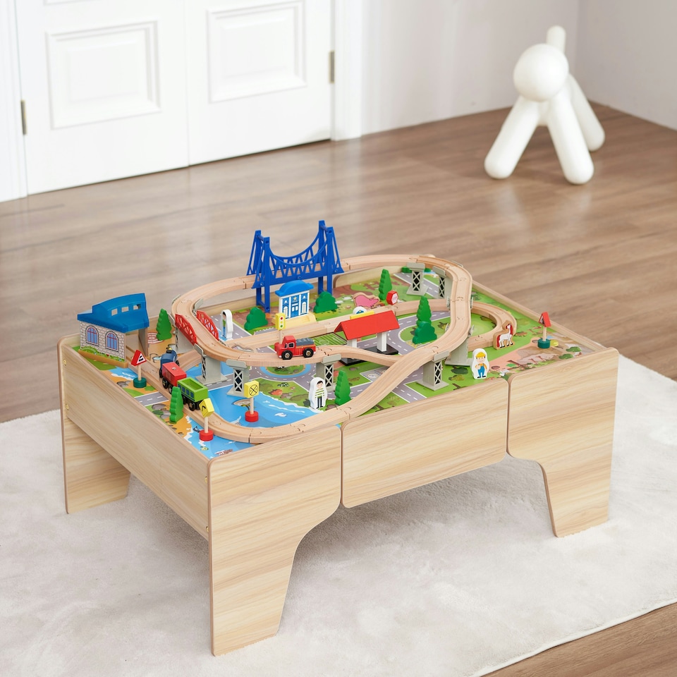 image 1 of Hooga Kids Activity Table Including 80 Piece Wooden Train Playset | Brown