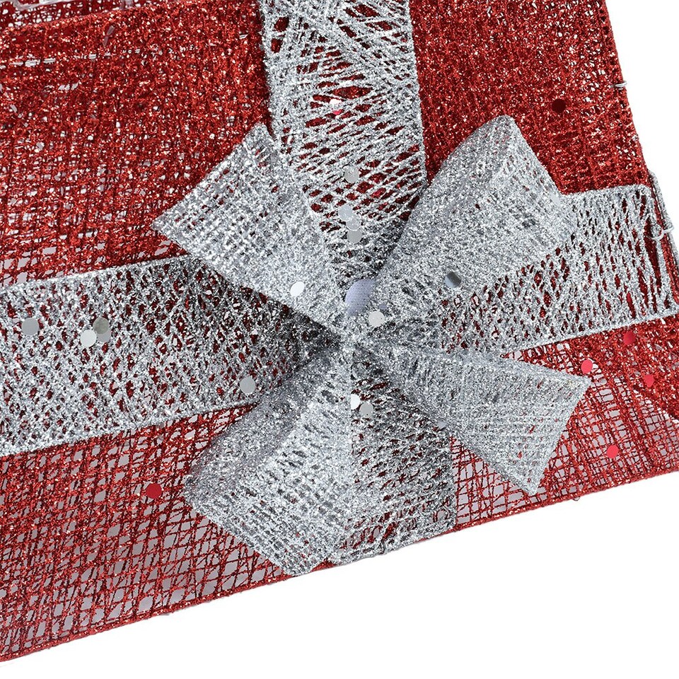 image 1 of Living and Home Square Christmas Tree Collar Skirt Decor with Bow Tie & Lights - Red