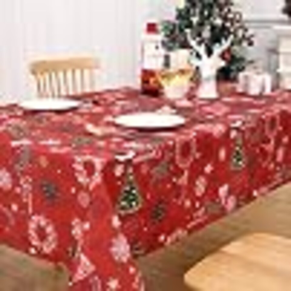 image 1 of London Boutique Red Christmas Tablecloth, Waterproof Polyester Table Cover with Reindeer Wreath Xmas Tree Print