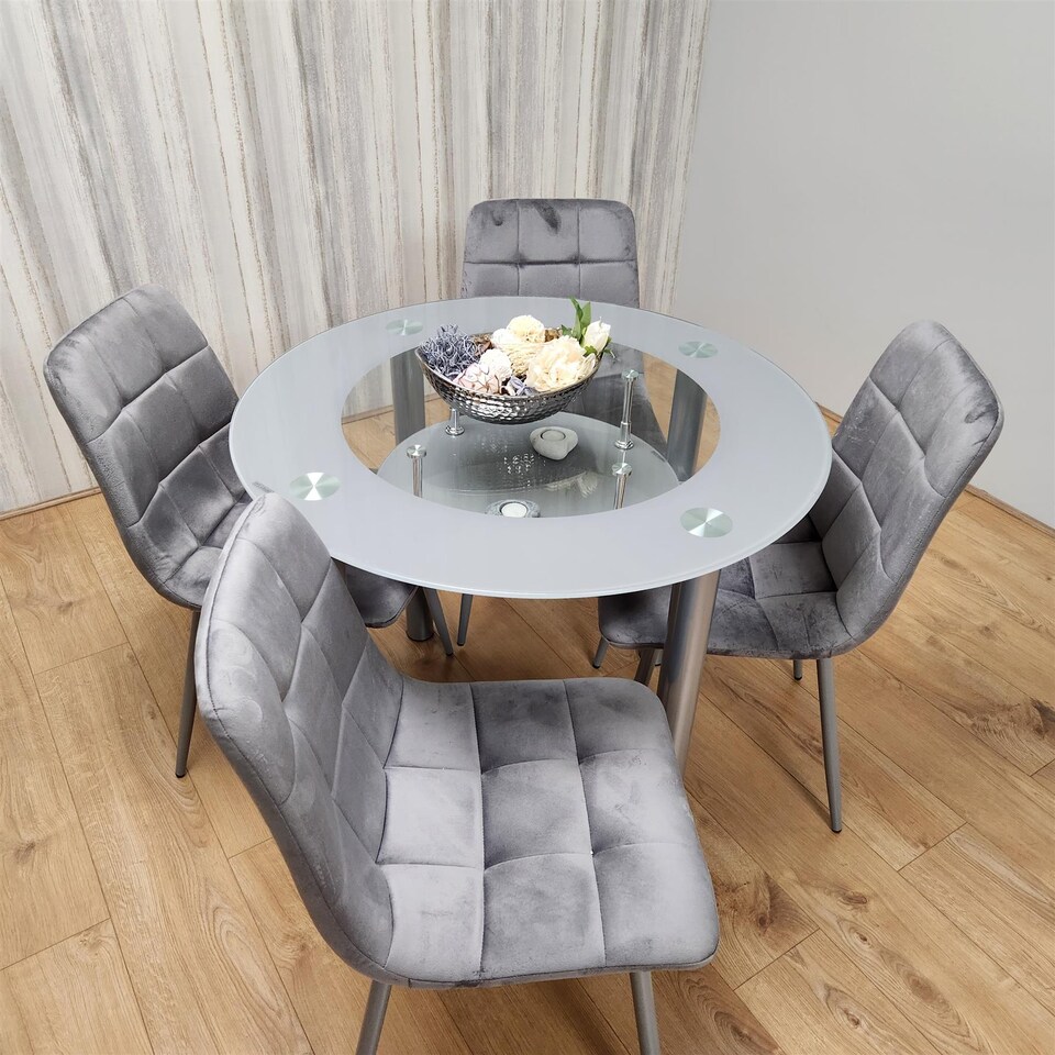 image 1 of Dining Table And 4 Chairs Grey Round Table With 4 Grey Velvet Chairs Dining Room Furniture