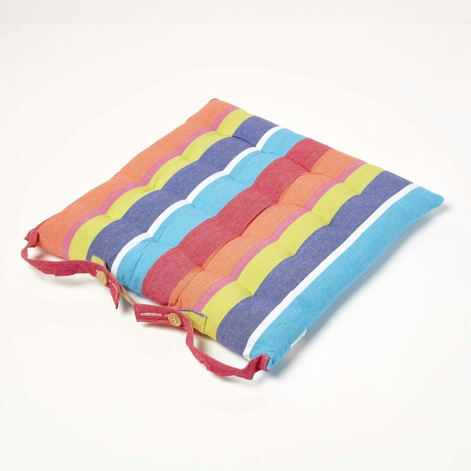 image 1 of Homescapes Seat Pad Luxury Cotton Stripe Indoor Outdoor Garden Dining Cushion | Multi | 40 x 40 cm | 1