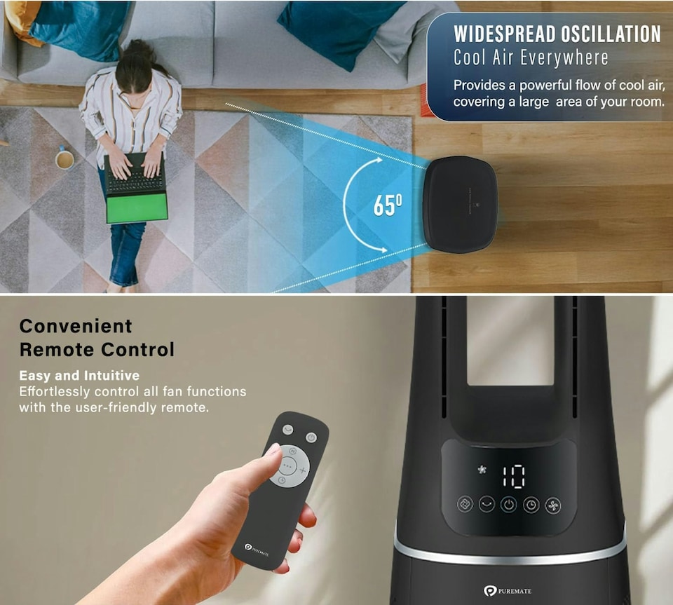 image 1 of PureMate 42-Inch Bladeless Tower Fan with Air Purifier - Black