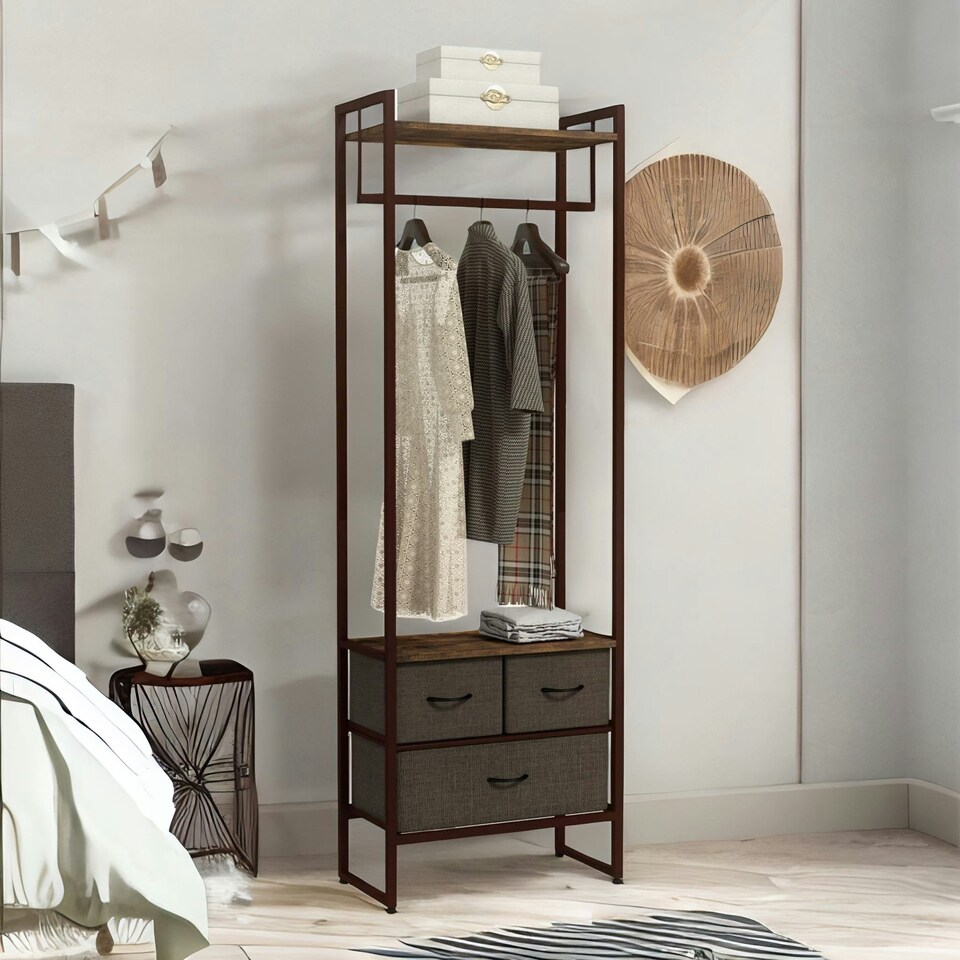 image 1 of Industrial Hall Tree Coat Rack With 3 Fabric Drawers Brown One Size