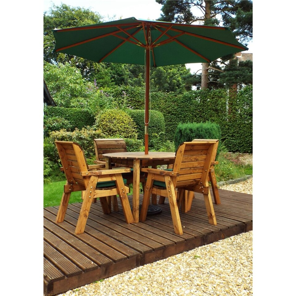 image 1 of Traditional Four Seater Round Table Set With 4 x Green Chair Cushion 1 x Green Parasol & Base & Cushion Storage Bag
