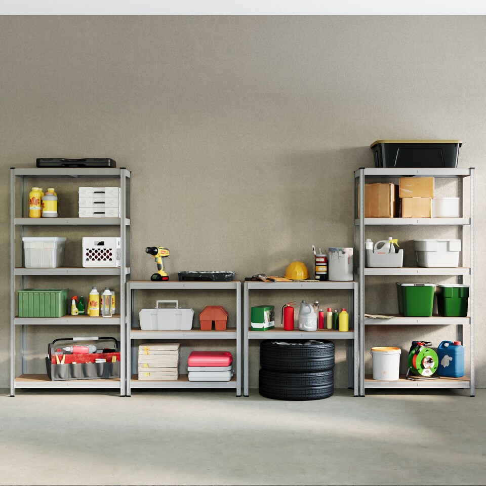 image 1 of Home Vida 5 Tier Heavy Duty Adjustable Steel Garage Shelving, Galvanised - Holds 875kg - (Set of 4) | Silver | Silver | Medium