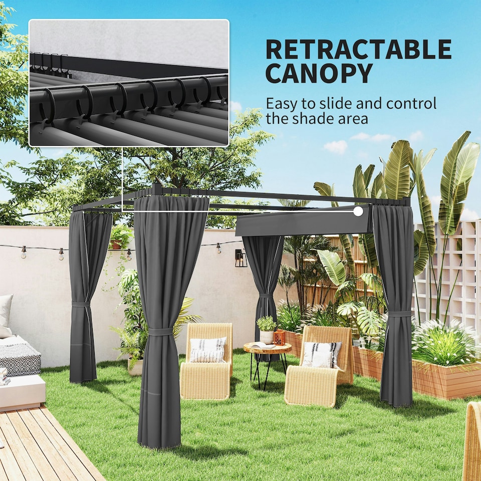 image 1 of Outsunny 3 x 3(m) Pergola with Retractable Roof and Curtains, Charcoal Grey