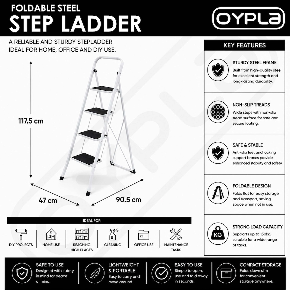 image 1 of Foldable 4 Step Ladder Stepladder Non Slip Tread Safety Steel | White