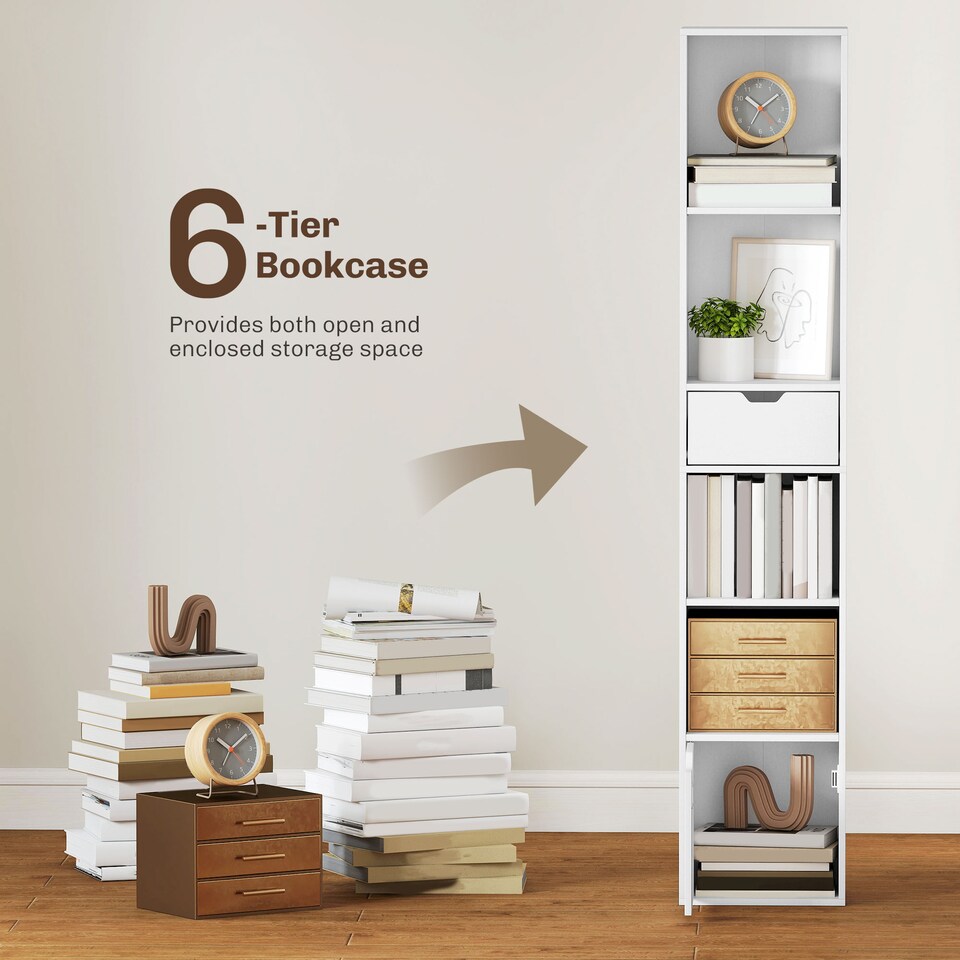 image 1 of HOMCOM 6-Tier Bookcase, Tall Narrow Bookshelf with Drawer, Door, Adjustable Shelf, Modern Display Standing Shelving Unit for Living Room, Home Office, Bedroom, 30 x 24 x 158 cm, White | White | White