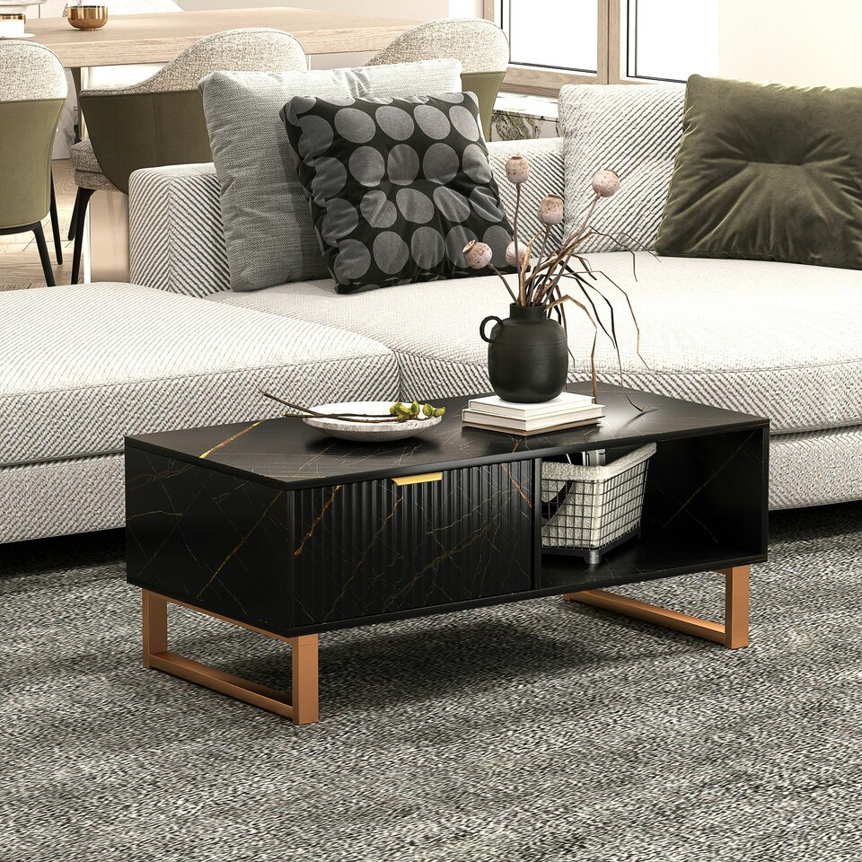 image 1 of HOMCOM Coffee Table, Living Room Table with Drawer and Open Shelves | Black | 100W x 50D x 40Hcm
