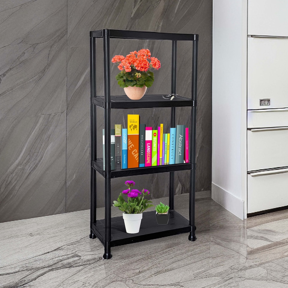 image 1 of 4 TIER PLASTIC STORAGE SHELVES SHELVING HOME GARAGE ORGANISER SHELF RACK