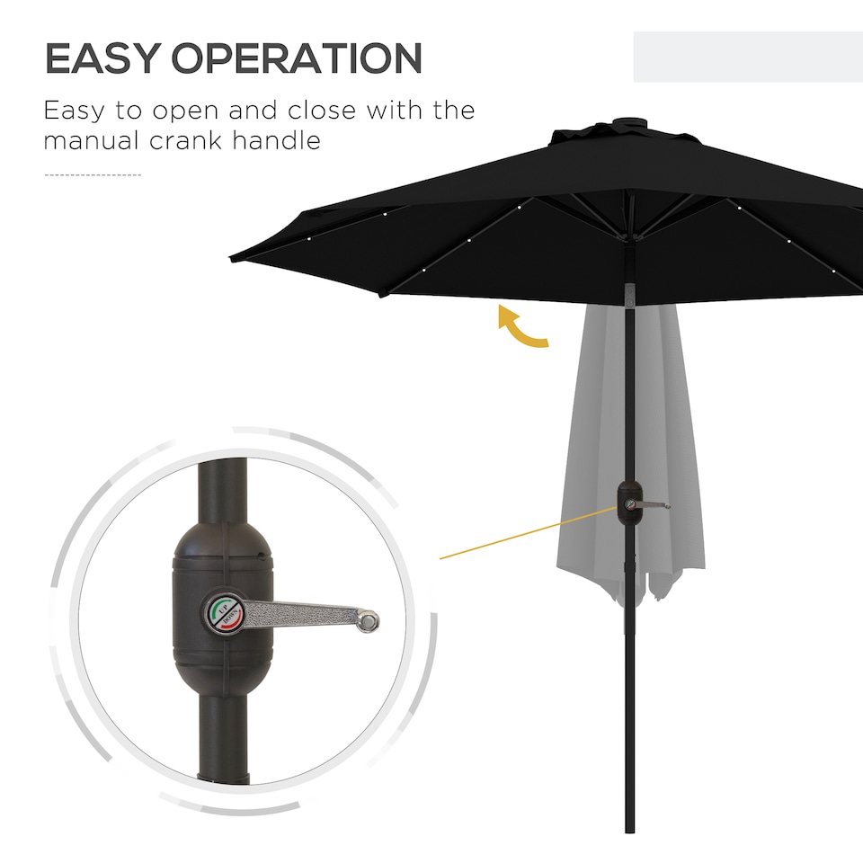 image 1 of Outsunny 2.7m Patio Garden Umbrella Outdoor Parasol Outdoor Market Table Umbrella with Tilt Crank and 24 LEDs Lights Black
