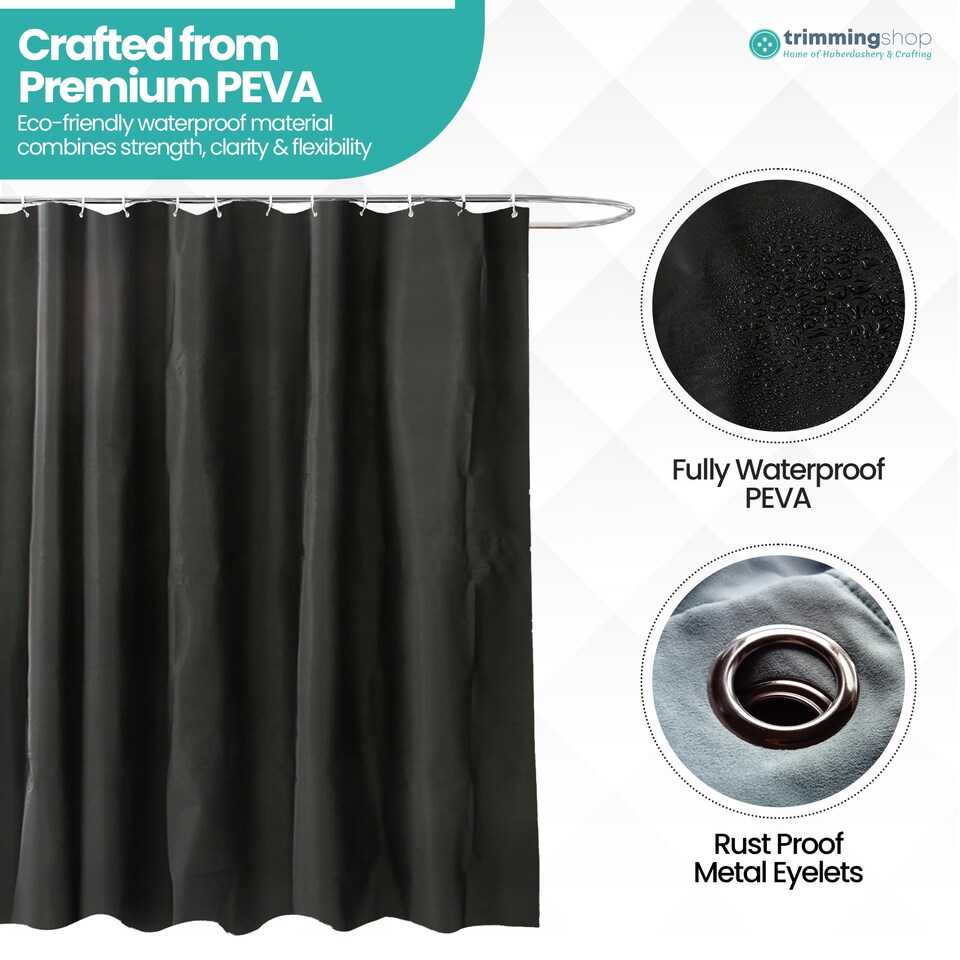 image 1 of PEVA Plain Mould & Mildew Resistant Shower Curtain with 12 Hooks - 180x180cm