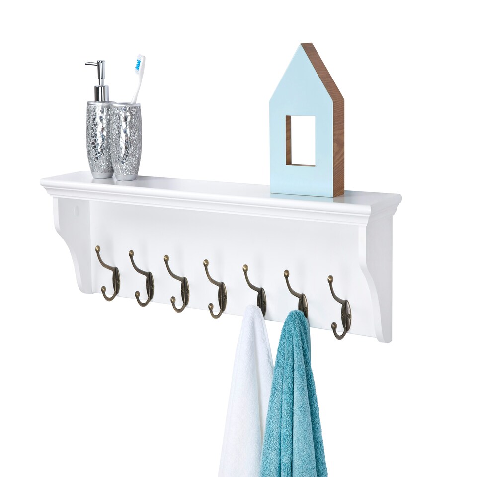 image 1 of Elegant Brands Richmond Wall-Mounted Coat Rack with 7 Hooks and Shelf White | M