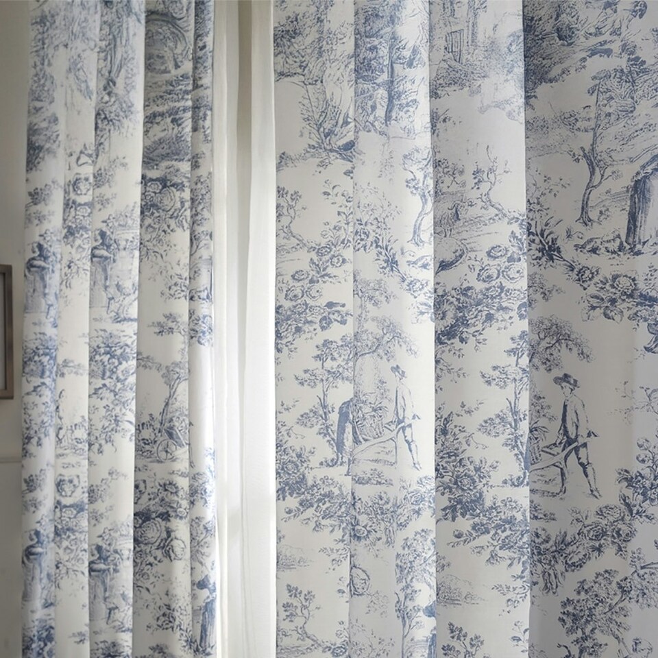 image 1 of Toile De Jouy Decorative Pink or Blue Elegant Curtains, 137cm and 183cm, 100% Cotton Blue | 137cm width x 168cm drop
