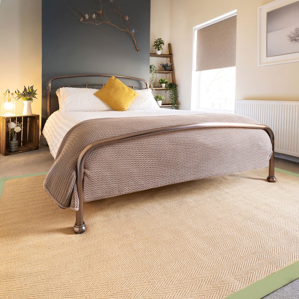 image 1 of KUKOON Beige Natural Jute Herringbone Pattern Non Slip Green Border Rug 160cm x 230cm