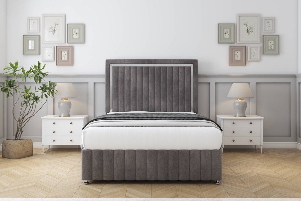 image 1 of Sloomy Boston Chrome Slate Naples Divan Bed With Mattress 2 Drawers Left Side With 54" Floor Standing Headboard & 12" Matching Footboard 4' Small Double | Grey | Slate | Small Double | 1