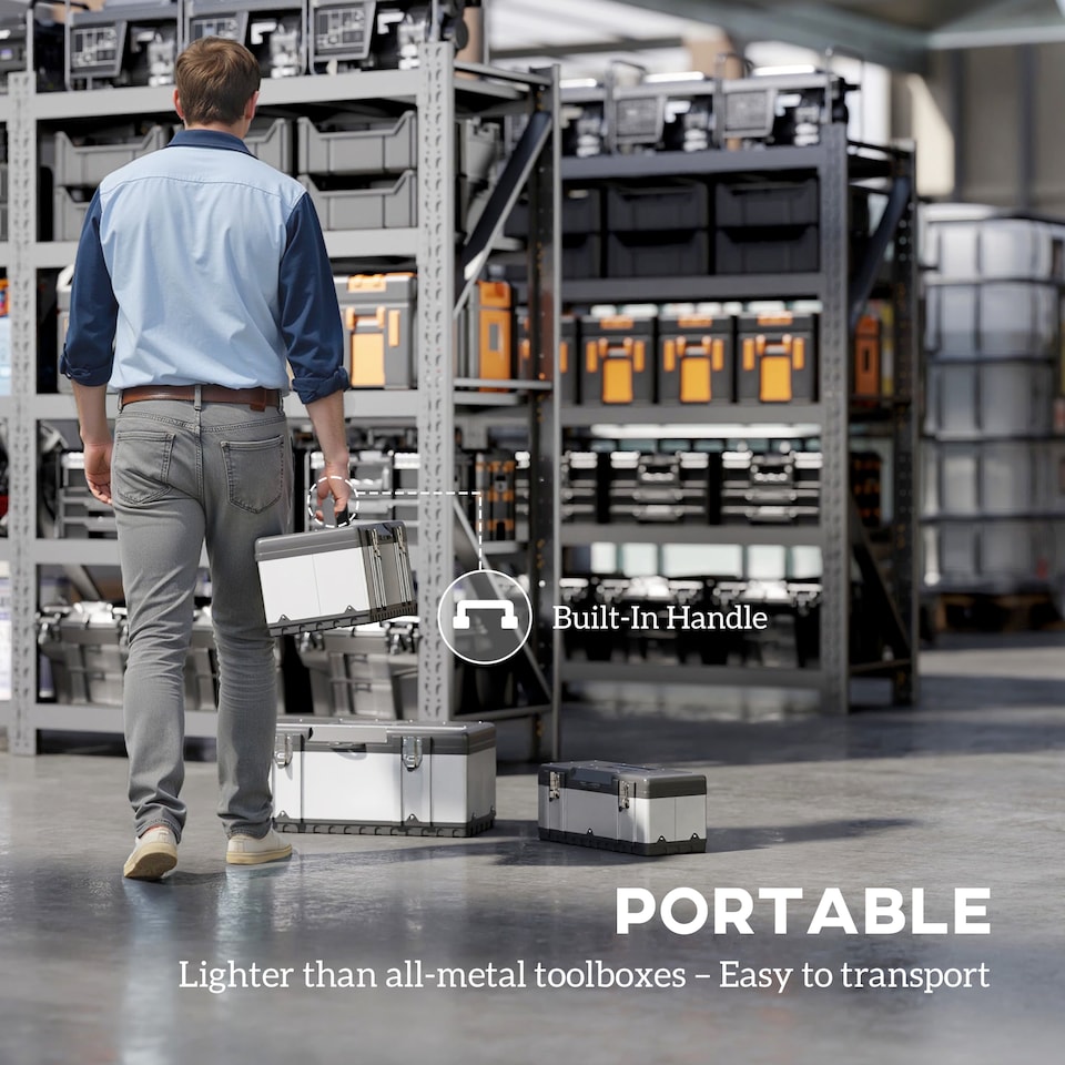 image 1 of HOMCOM 3 Pieces Tool BoSet, 23 19 16 Powder Coated Stainless Steel Toolbowith Removable Tray, Handles, Latches, Heavy Duty Tool Case Storage for Workshop, Garage | Silver