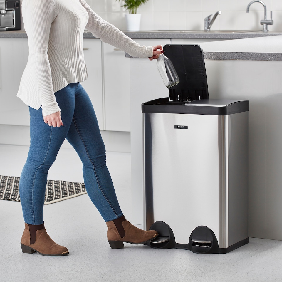image 1 of Cooks Professional Dual Pedal Recycle Bin 60L with 2 x Compartments & Soft Close Lids | Silver