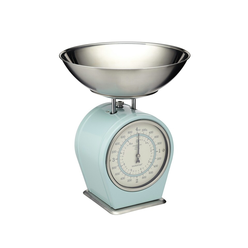 image 1 of 2pc Vintage Blue Kitchenware Set with Wall Clock and Mechanical Weighing Scales