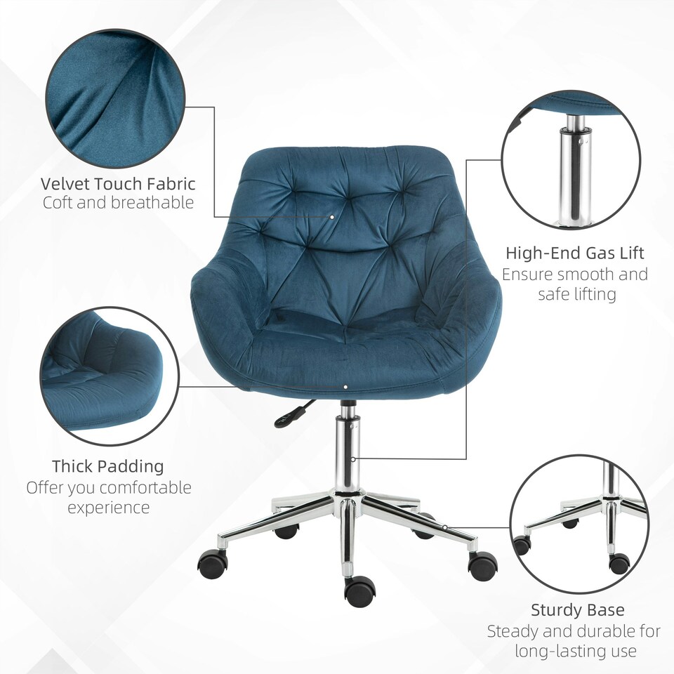 image 1 of Vinsetto Velvet Home Office Chair Desk Chair with Adjustable Height, Blue