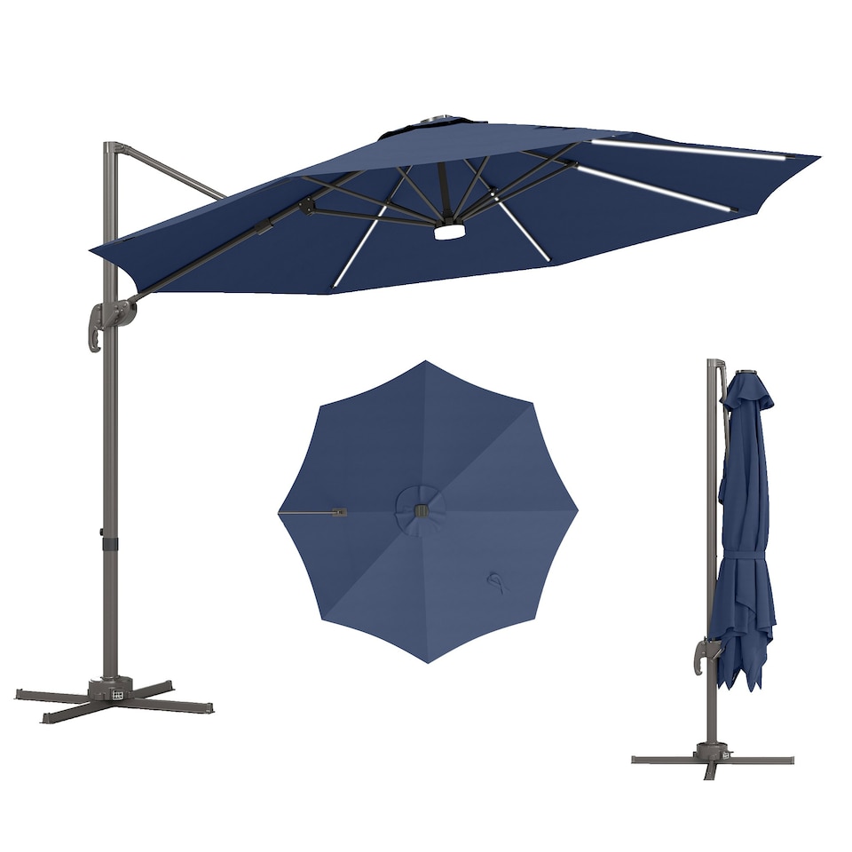 image 1 of Outsunny 3 m LED Cantilever Parasol Outdoor with Base Solar Lights Blue
