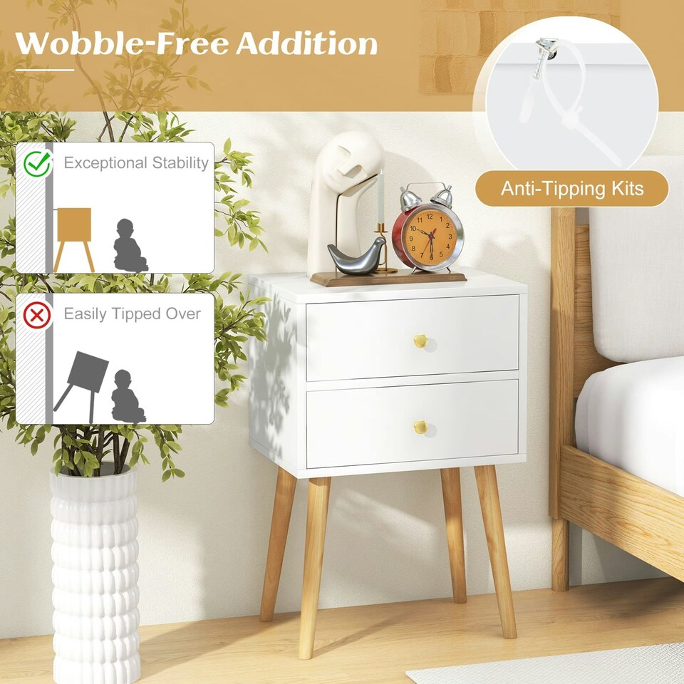 image 1 of COSTWAY Nightstand 2-Drawer Bedside Table w/Storage White White