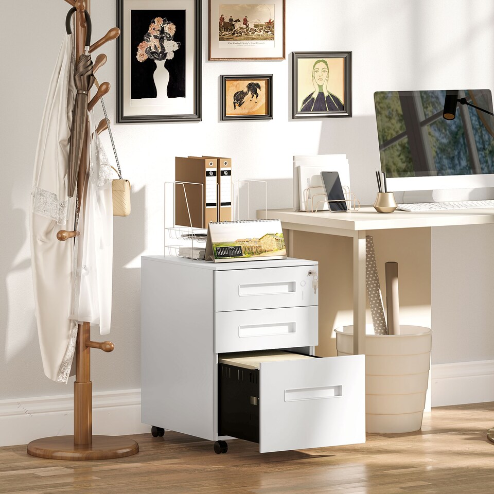 image 1 of Vinsetto 3 Drawer Mobile File Cabinet, Metal Filing Cabinet with Lock and 5 Wheels for A4 Legal Letter Sized Documents, Hanging File Folders, Pre-Assembled Body, 39 x 48 x 60 cm, White | White | White