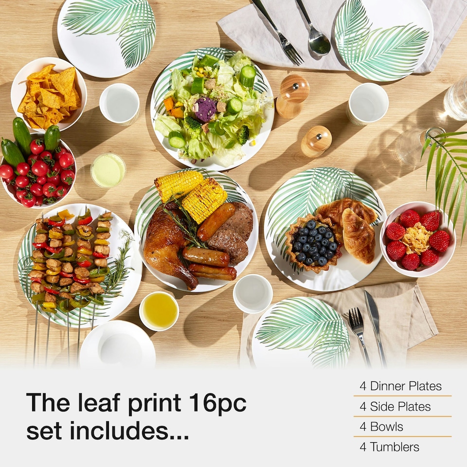 image 1 of VonShef Melamine Dinnerware Set, 16Pc Leaf Print Dinner Set